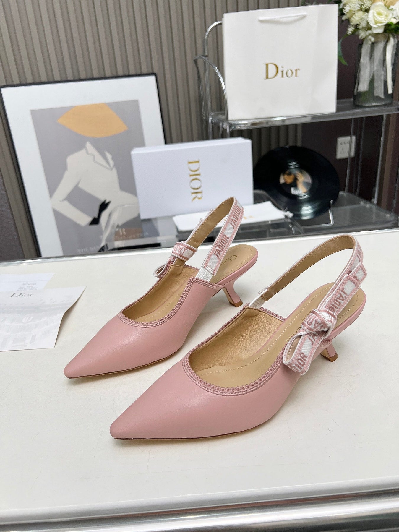 J'ADIOR SLINGBACK PUMP LIGHT PINK CALFSKIN AND EMBROIDERED FABRIC 65 MM