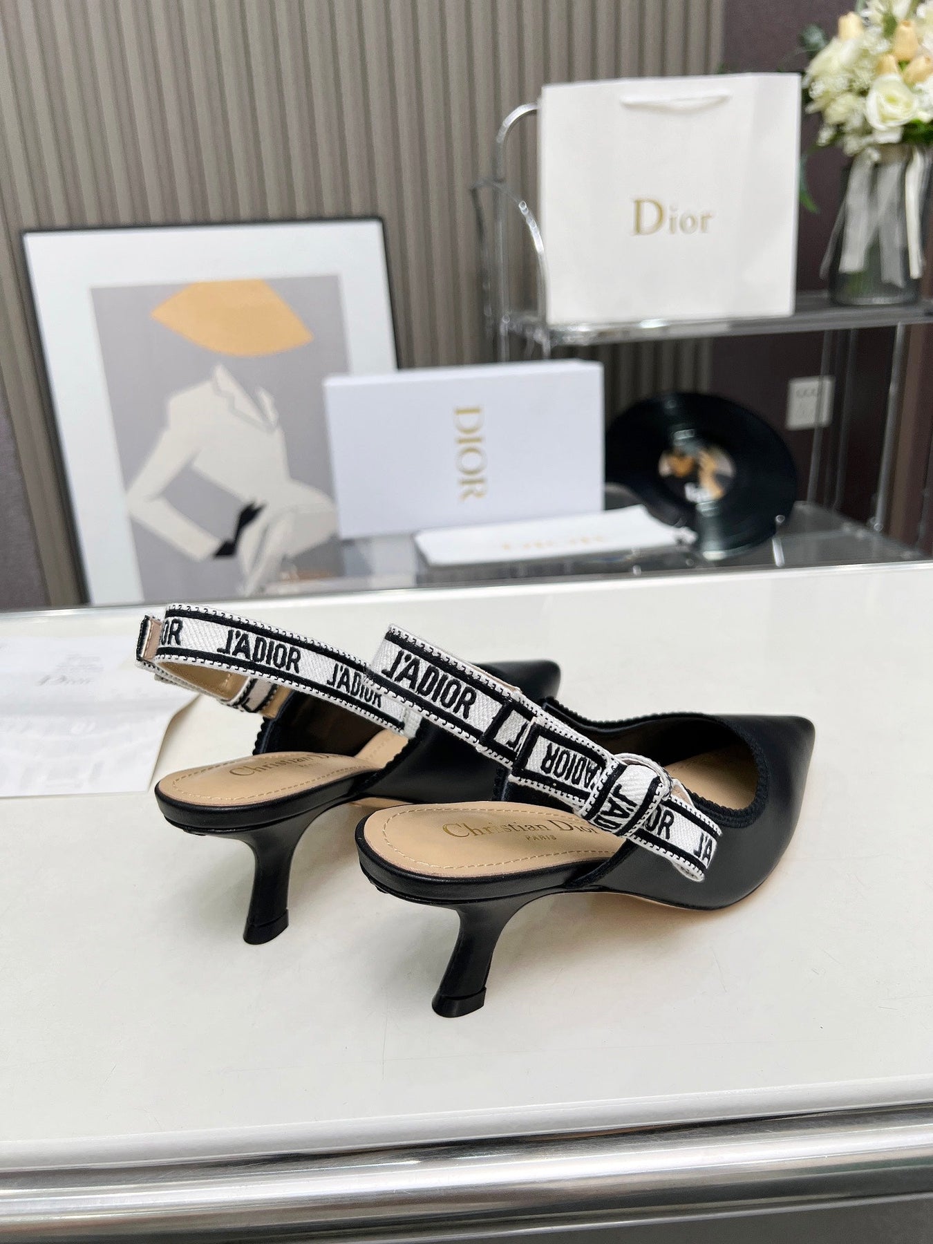 J'ADIOR SLINGBACK PUMP BLACK CALFSKIN AND EMBROIDERED FABRIC 65 MM