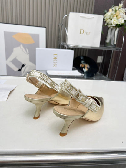 J'ADIOR SLINGBACK PUMP LIGHT GOLD CALFSKIN AND EMBROIDERED FABRIC 65 MM