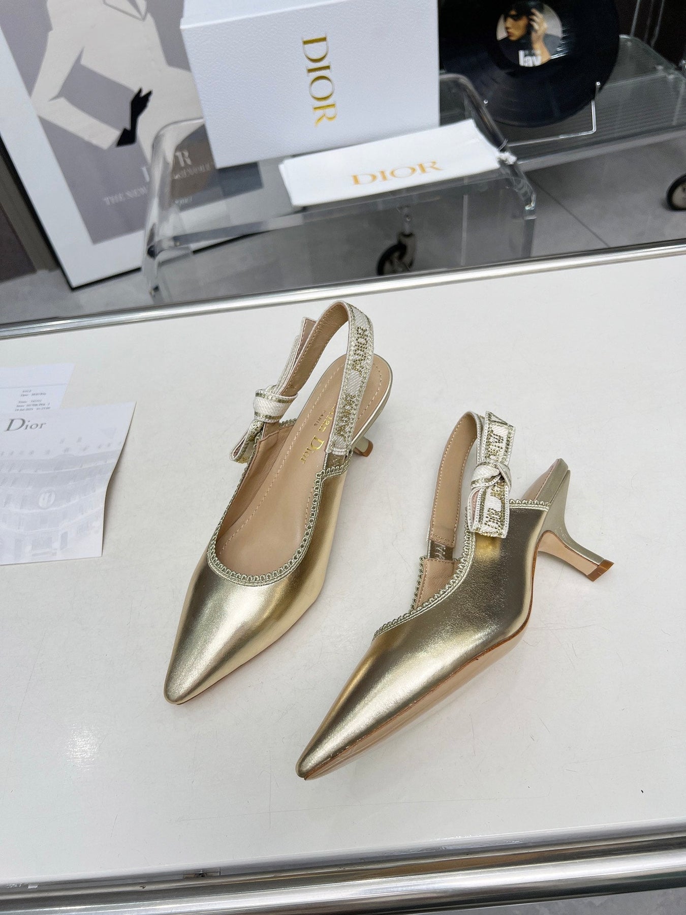 J'ADIOR SLINGBACK PUMP LIGHT GOLD CALFSKIN AND EMBROIDERED FABRIC 65 MM