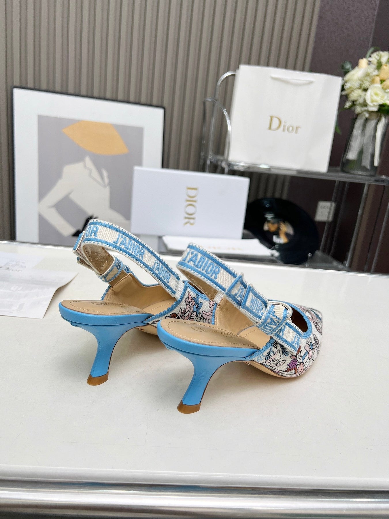 J'ADIOR SLINGBACK PUMP COLORFUL NATURAL RAFFIA AND EMBROIDERED COTTON 65 MM 130845