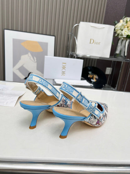 J'ADIOR SLINGBACK PUMP COLORFUL NATURAL RAFFIA AND EMBROIDERED COTTON 65 MM 130845