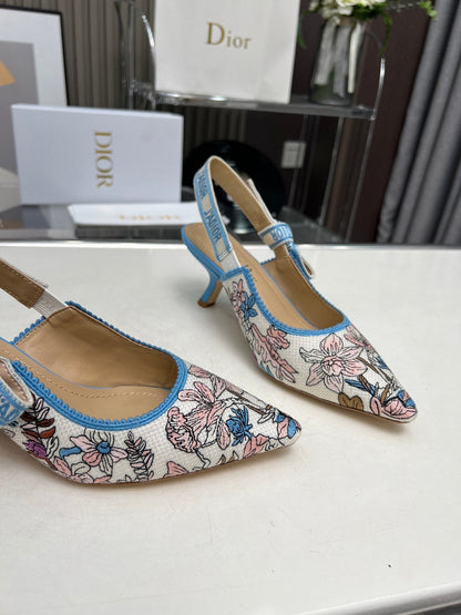 J'ADIOR SLINGBACK PUMP COLORFUL NATURAL RAFFIA AND EMBROIDERED COTTON 65 MM 130845