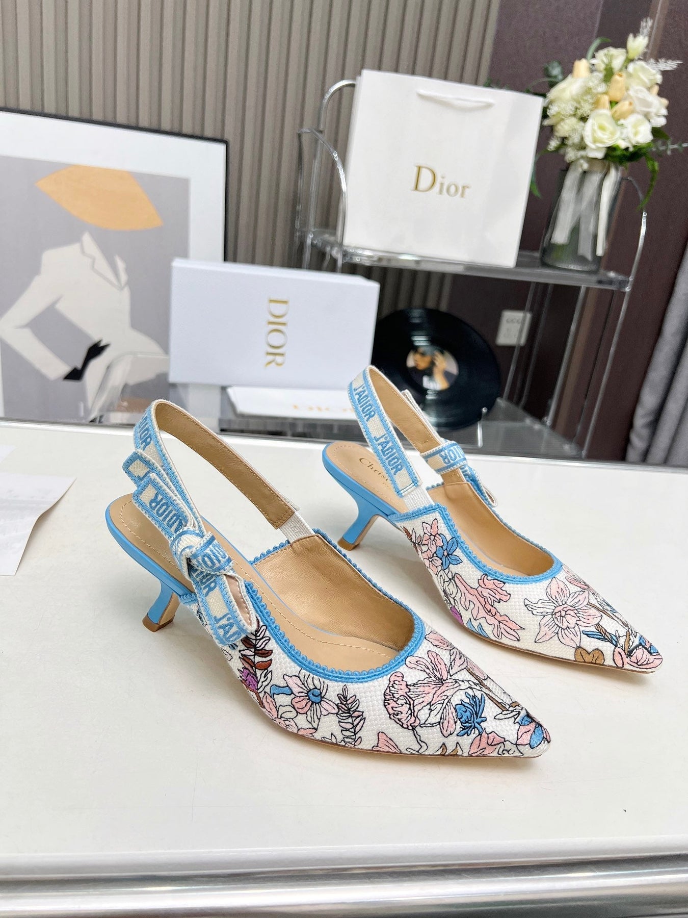 J'ADIOR SLINGBACK PUMP COLORFUL NATURAL RAFFIA AND EMBROIDERED COTTON 65 MM 130845