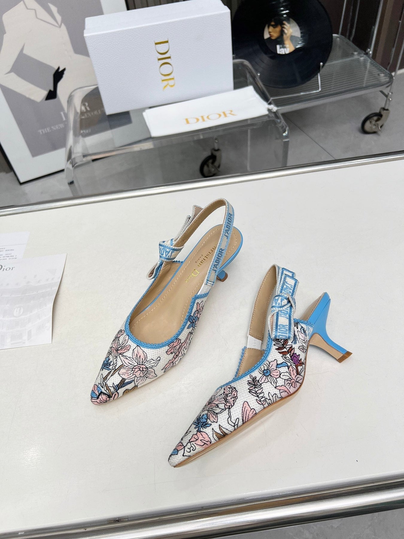 J'ADIOR SLINGBACK PUMP COLORFUL NATURAL RAFFIA AND EMBROIDERED COTTON 65 MM 130845