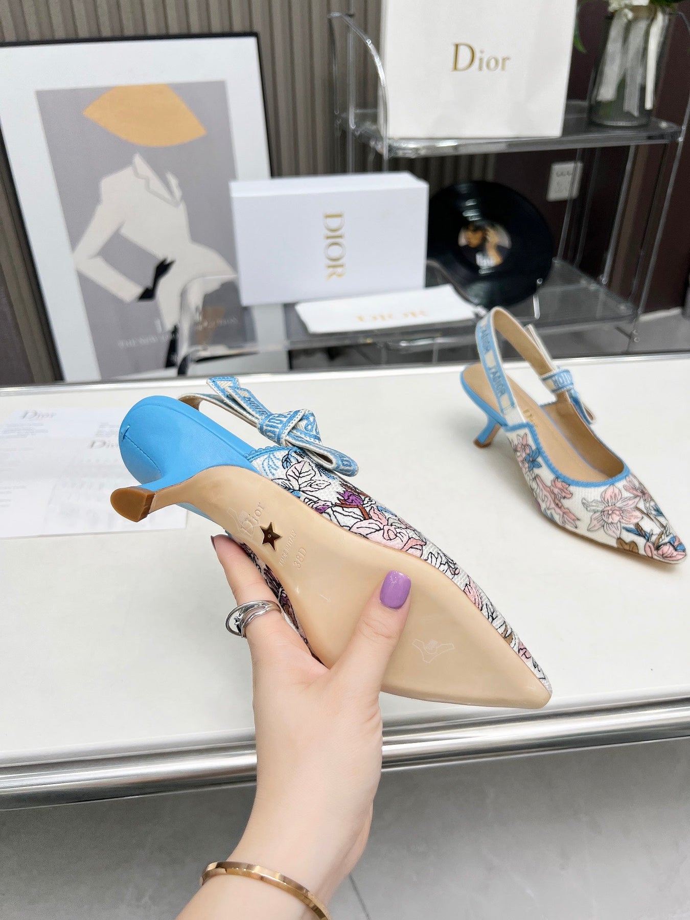 J'ADIOR SLINGBACK PUMP COLORFUL NATURAL RAFFIA AND EMBROIDERED COTTON 65 MM 130845