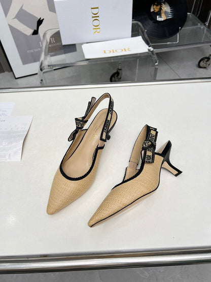 J'ADIOR SLINGBACK PUMP NATURAL RAFFIA AND BLACK EMBROIDERED COTTON 65 MM