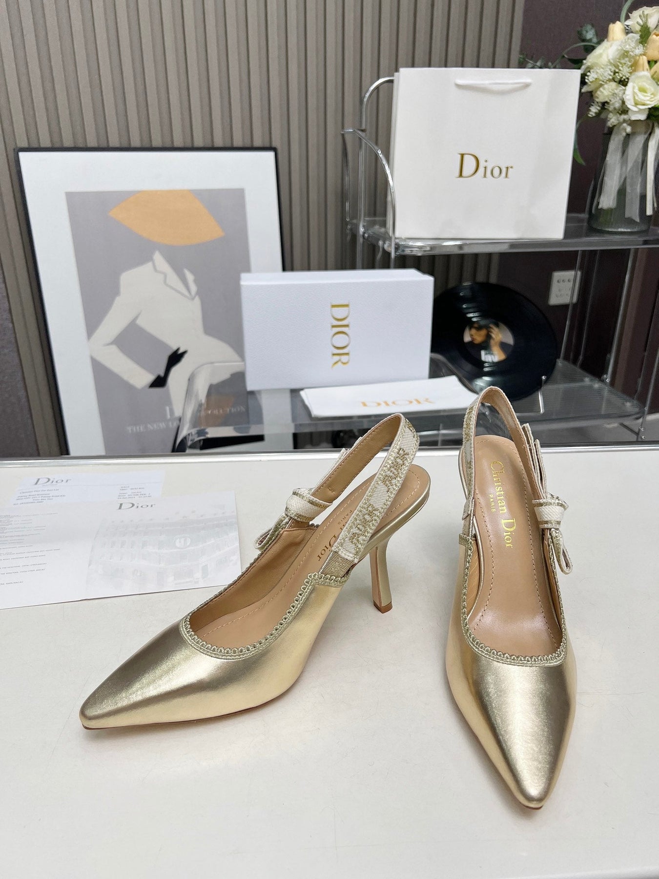 J'ADIOR SLINGBACK PUMP LIGHT GOLD CALFSKIN AND EMBROIDERED FABRIC 10 CM