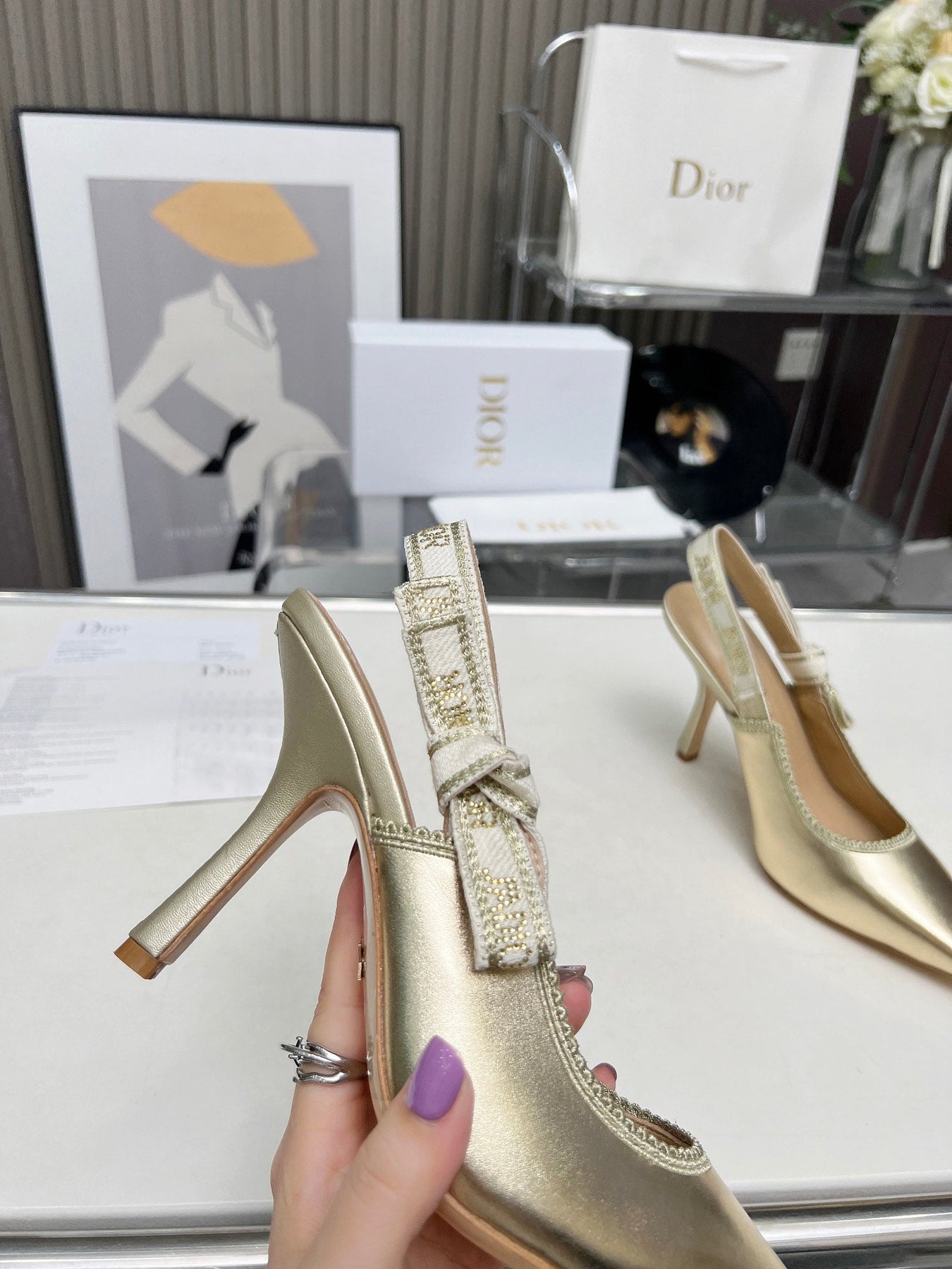 J'ADIOR SLINGBACK PUMP LIGHT GOLD CALFSKIN AND EMBROIDERED FABRIC 10 CM