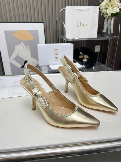 J'ADIOR SLINGBACK PUMP LIGHT GOLD CALFSKIN AND EMBROIDERED FABRIC 10 CM