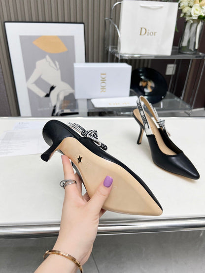 J'ADIOR SLINGBACK PUMP BLACK CALFSKIN AND BLACK EMBROIDERED FABRIC 10 CM