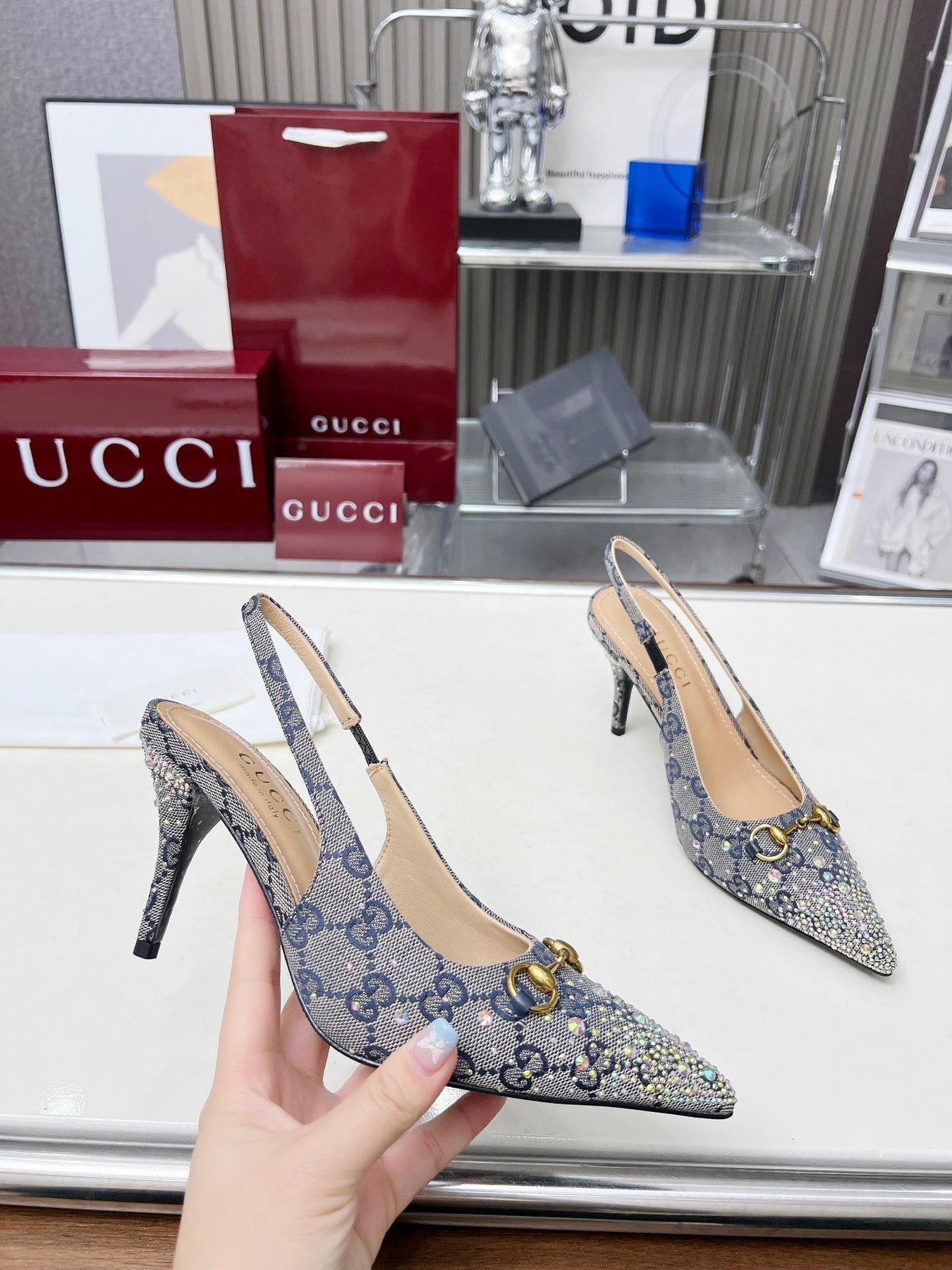 HORSEBIT SLINGBACKS IN DOVE GRAY MONOGRAM FABRIC WITH CRYSTALS