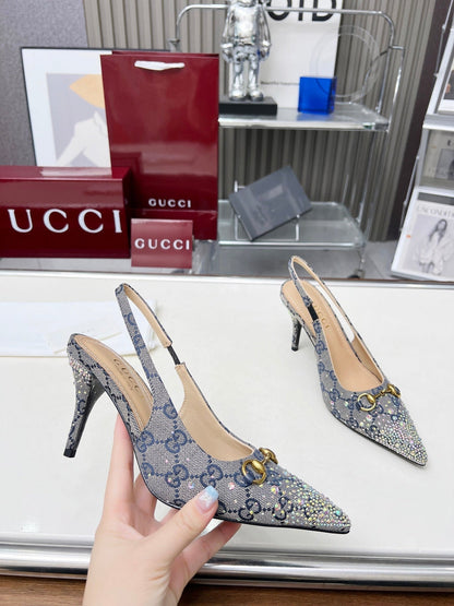 HORSEBIT SLINGBACKS IN DOVE GRAY MONOGRAM FABRIC WITH CRYSTALS