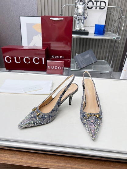 HORSEBIT SLINGBACKS IN DOVE GRAY MONOGRAM FABRIC WITH CRYSTALS