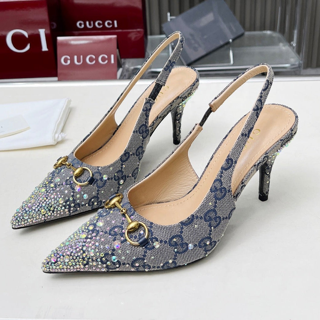 HORSEBIT SLINGBACKS IN DOVE GRAY MONOGRAM FABRIC WITH CRYSTALS