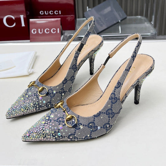 HORSEBIT SLINGBACKS IN DOVE GRAY MONOGRAM FABRIC WITH CRYSTALS