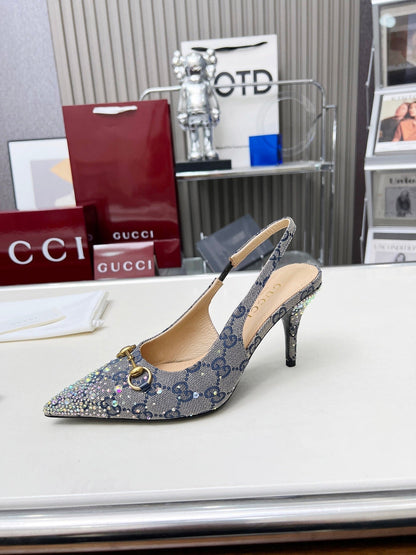 HORSEBIT SLINGBACKS IN DOVE GRAY MONOGRAM FABRIC WITH CRYSTALS