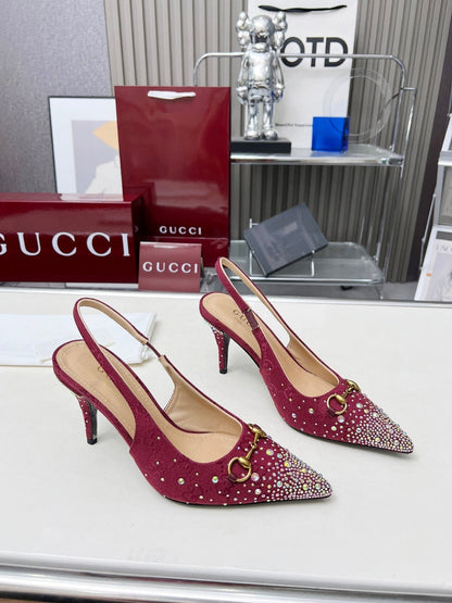 HORSEBIT SLINGBACKS IN CHERRY RED MONOGRAM FABRIC WITH CRYSTALS