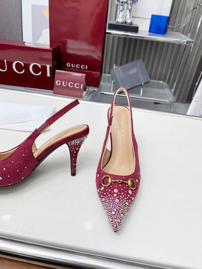 HORSEBIT SLINGBACKS IN CHERRY RED MONOGRAM FABRIC WITH CRYSTALS