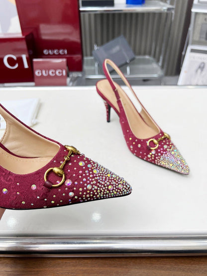 HORSEBIT SLINGBACKS IN CHERRY RED MONOGRAM FABRIC WITH CRYSTALS