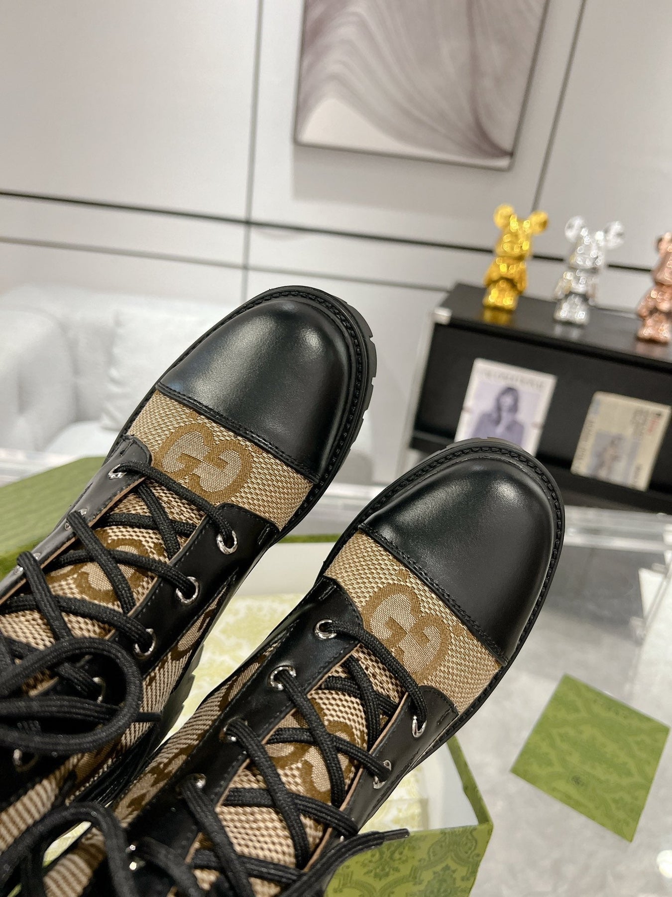 GG ANKLE BOOTS IN BEIGE MONOGRAM CANVAS AND BLACK SHEEPSKIN