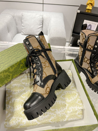 GG ANKLE BOOTS IN BEIGE MONOGRAM CANVAS AND BLACK SHEEPSKIN