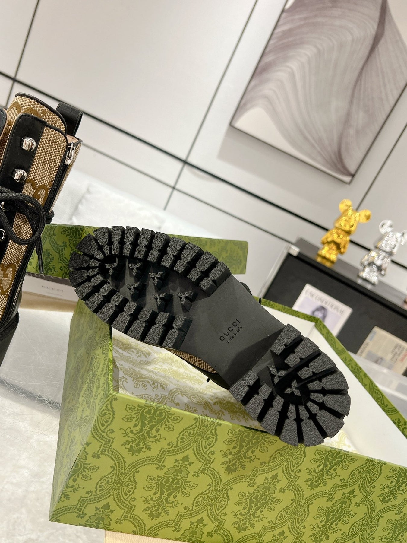 GG ANKLE BOOTS IN BEIGE MONOGRAM CANVAS AND BLACK SHEEPSKIN