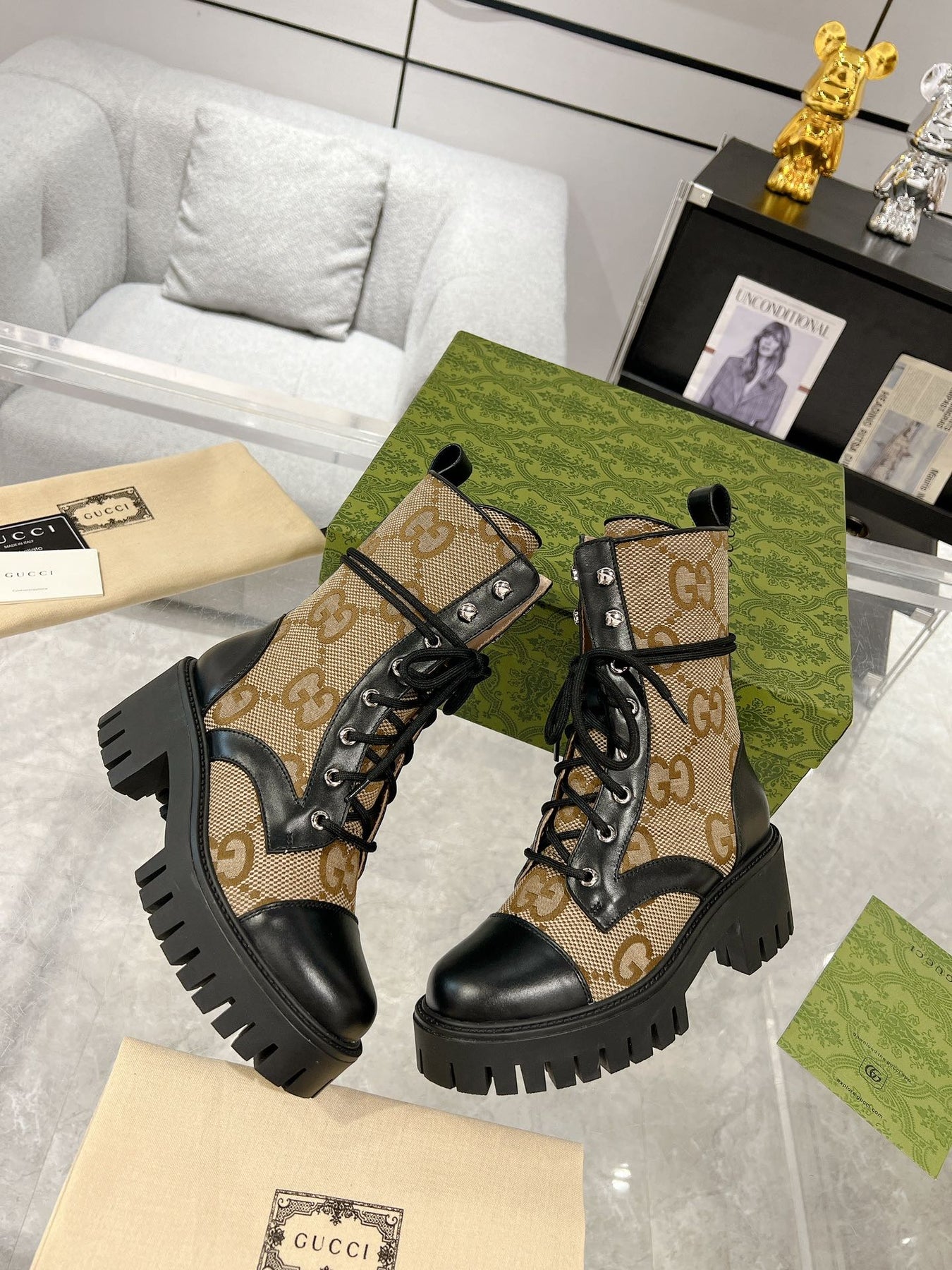 GG ANKLE BOOTS IN BEIGE MONOGRAM CANVAS AND BLACK SHEEPSKIN