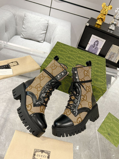 GG ANKLE BOOTS IN BEIGE MONOGRAM CANVAS AND BLACK SHEEPSKIN