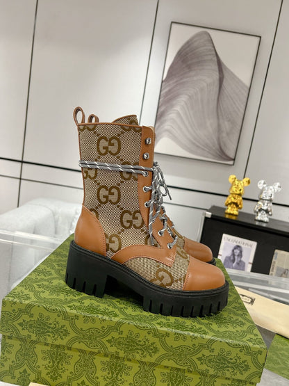 GG LACE-UP SHORT BOOTS IN CINNAMON BROWN CANVAS MIX CALFSKIN