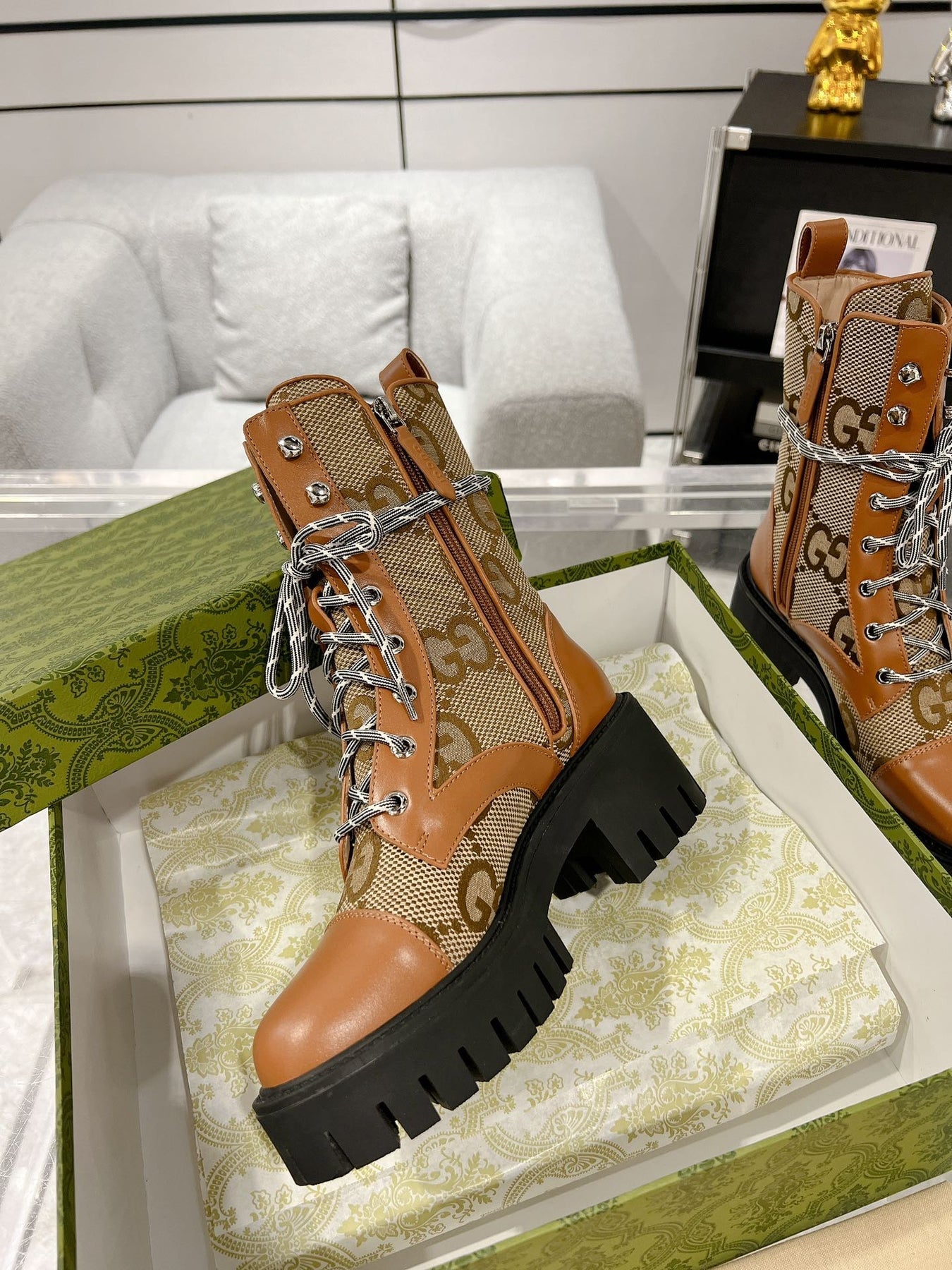 GG LACE-UP SHORT BOOTS IN CINNAMON BROWN CANVAS MIX CALFSKIN