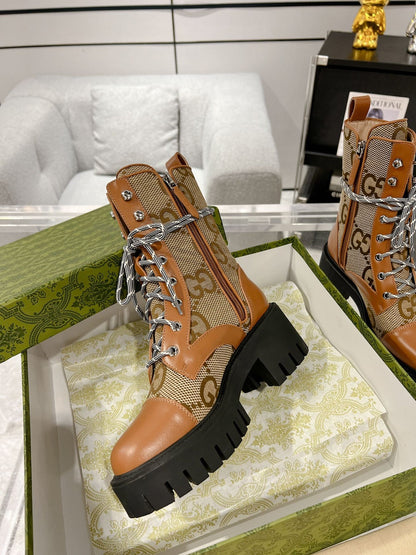 GG LACE-UP SHORT BOOTS IN CINNAMON BROWN CANVAS MIX CALFSKIN