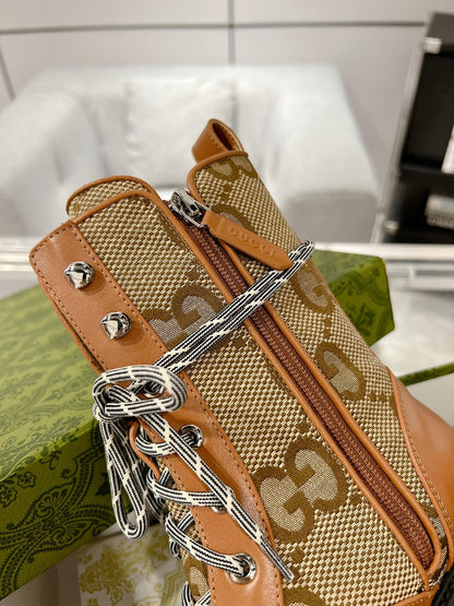 GG LACE-UP SHORT BOOTS IN CINNAMON BROWN CANVAS MIX CALFSKIN