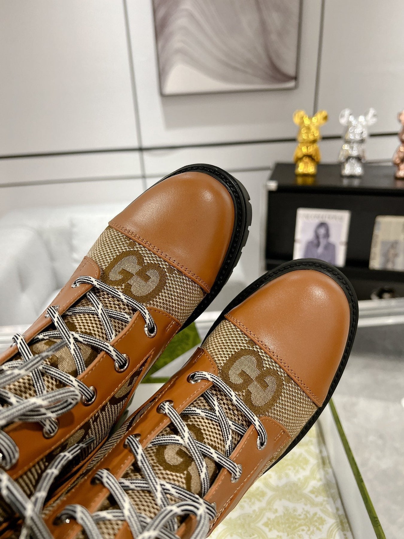 GG LACE-UP SHORT BOOTS IN CINNAMON BROWN CANVAS MIX CALFSKIN