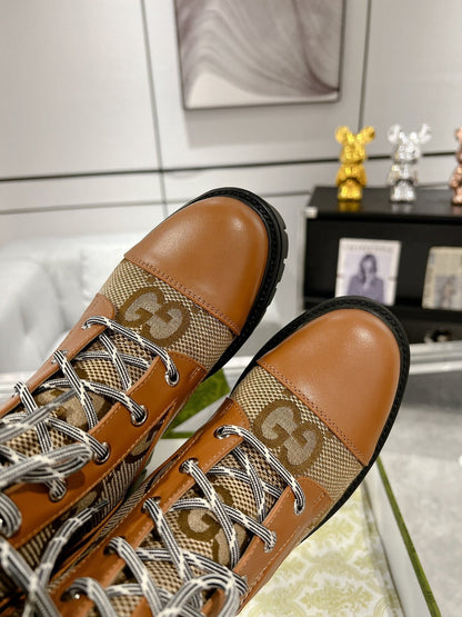 GG LACE-UP SHORT BOOTS IN CINNAMON BROWN CANVAS MIX CALFSKIN