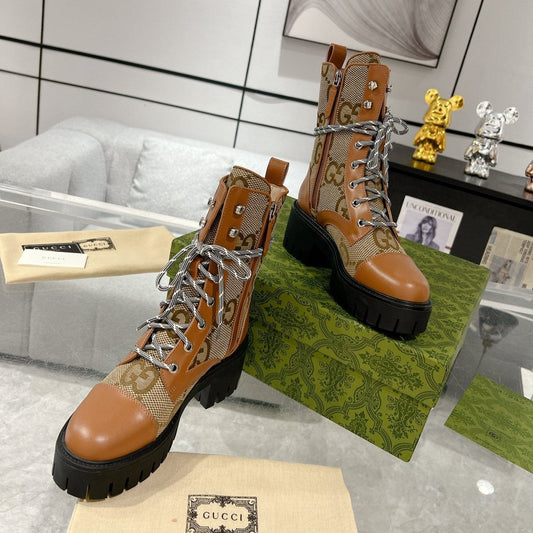 GG LACE-UP SHORT BOOTS IN CINNAMON BROWN CANVAS MIX CALFSKIN