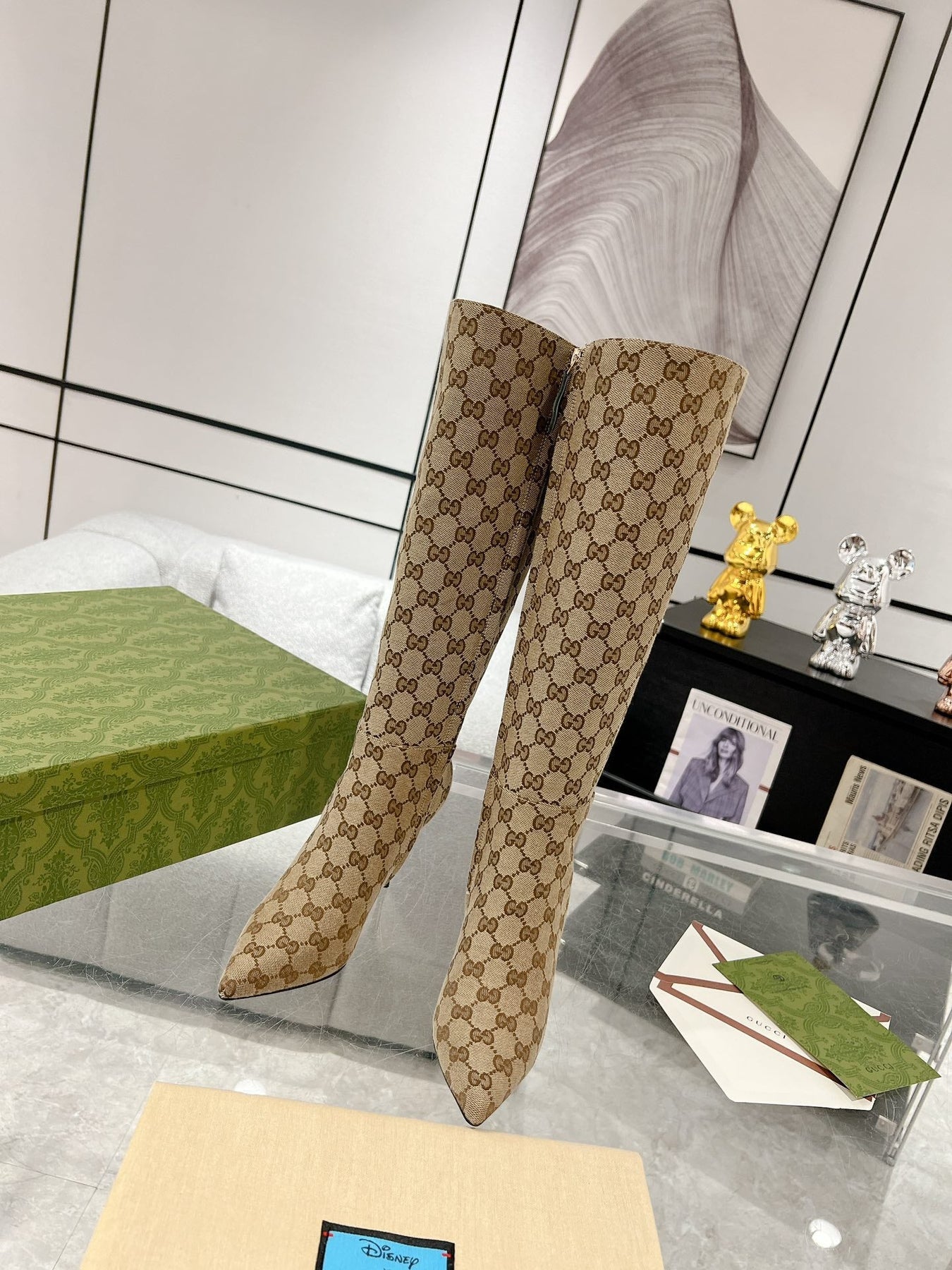 GG KNEE BOOTS IN BEIGE MONOGRAM JACQUARD FABRIC AND CALFSKIN LINING