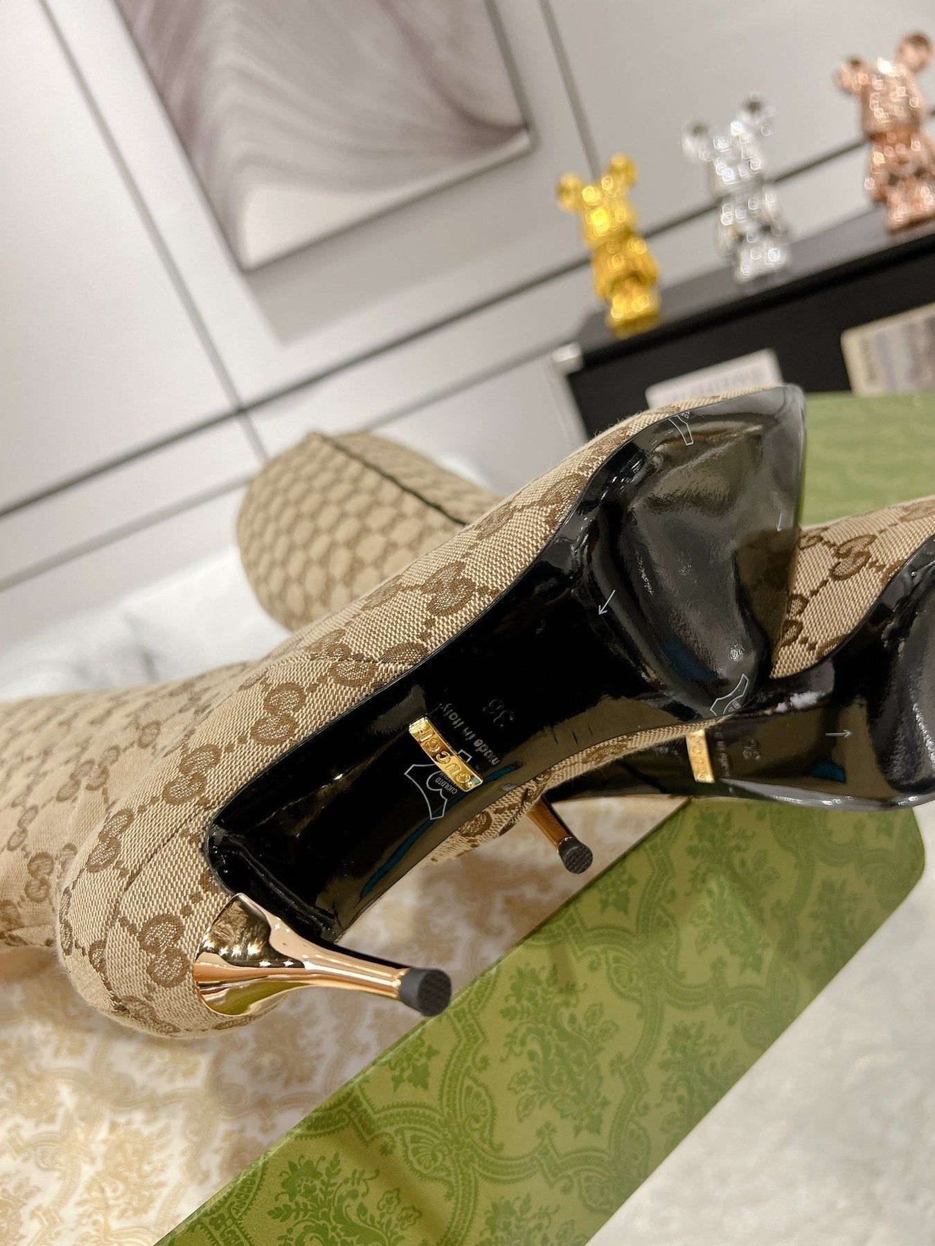 GG KNEE BOOTS IN BEIGE MONOGRAM JACQUARD FABRIC AND CALFSKIN LINING