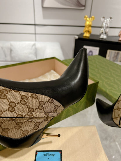 GG KNEE BOOTS IN BEIGE MONOGRAM JACQUARD FABRIC AND BLACK CALFSKIN