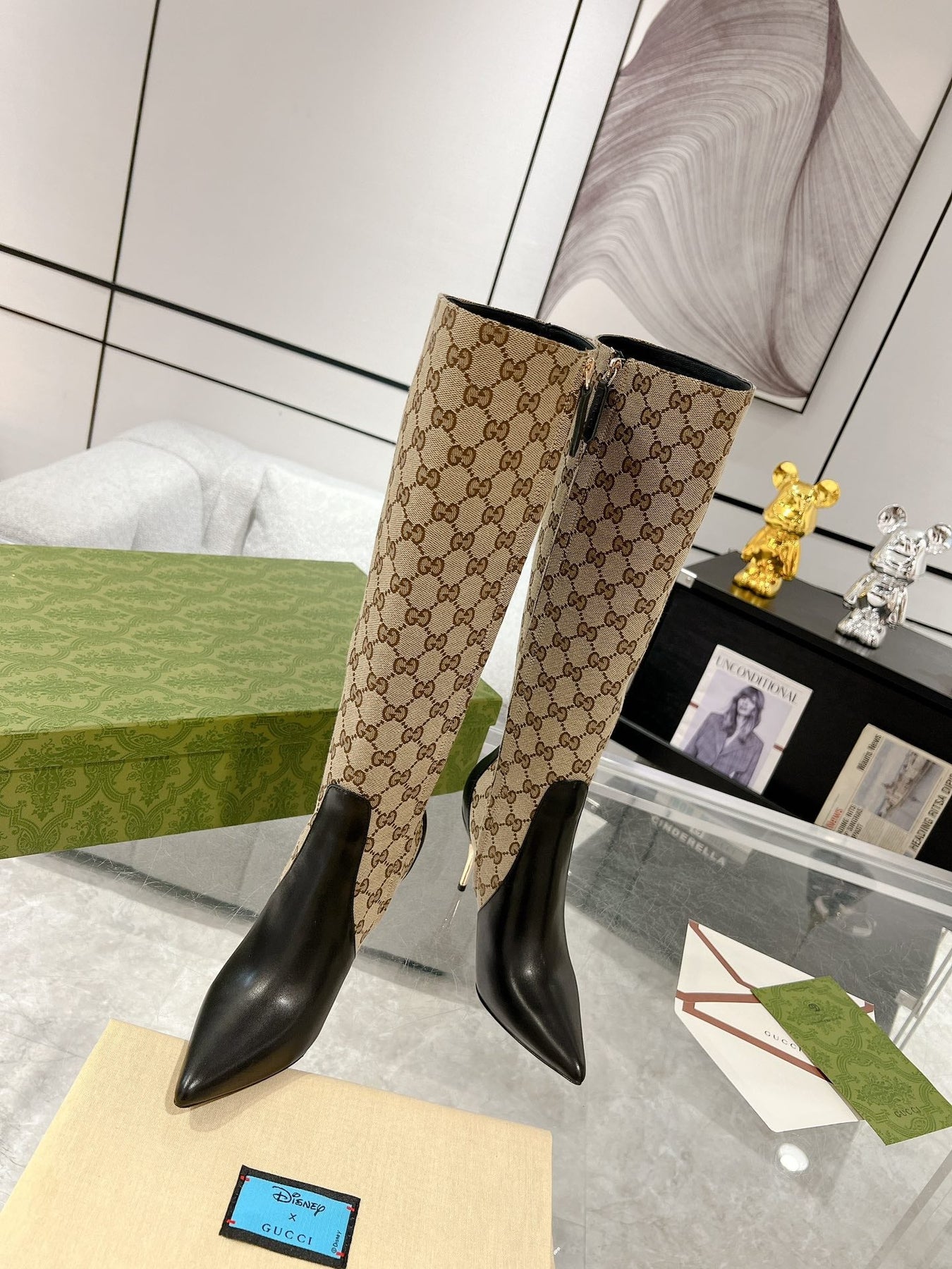 GG KNEE BOOTS IN BEIGE MONOGRAM JACQUARD FABRIC AND BLACK CALFSKIN
