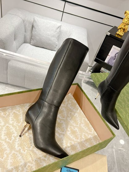GG KNEE BOOTS IN BLACK CALFSKIN WITH GOLD PLATED HEEL