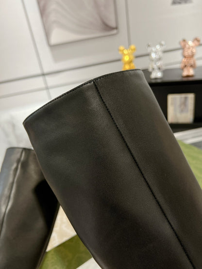 GG KNEE BOOTS IN BLACK CALFSKIN WITH GOLD PLATED HEEL
