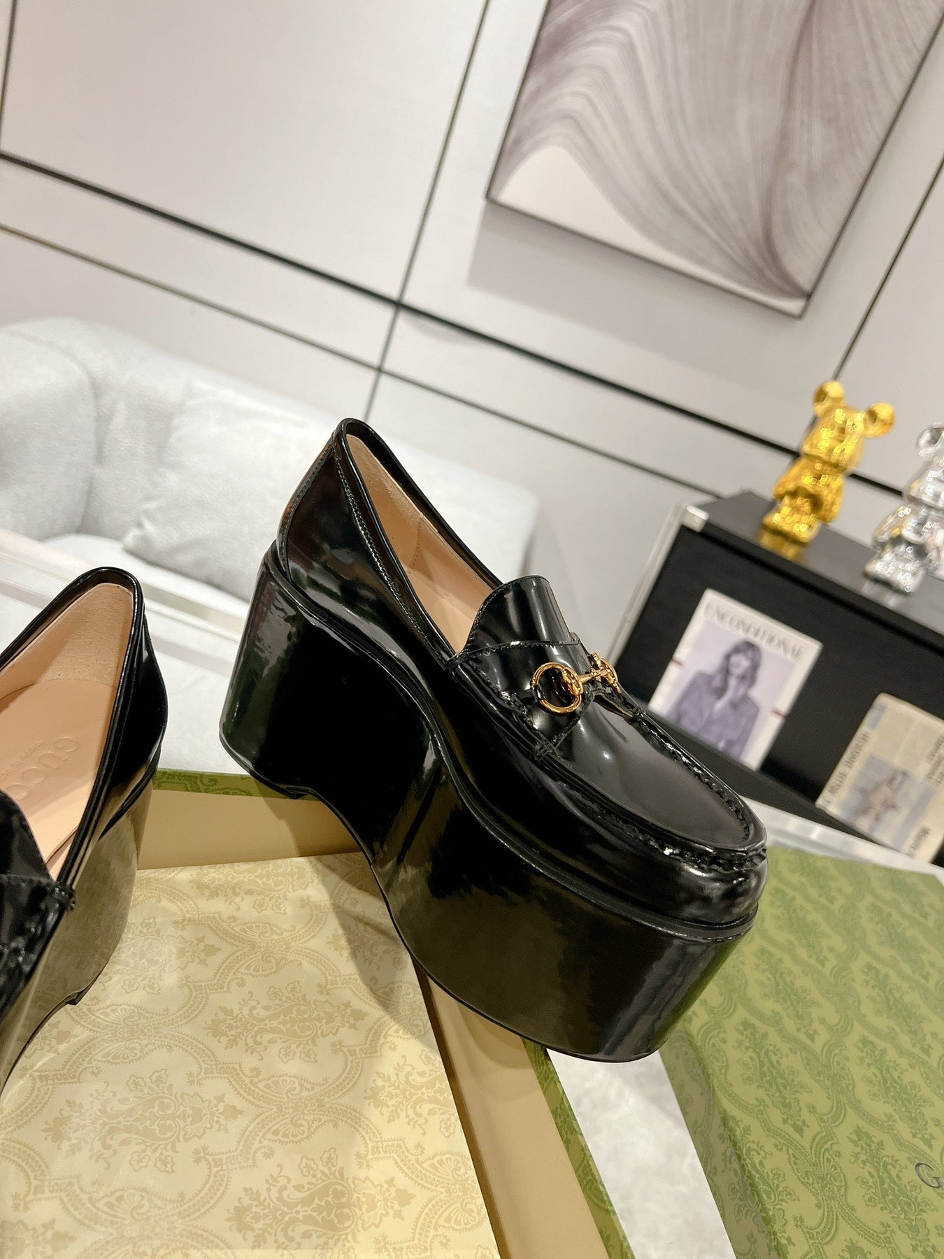 GG HORSEBIT PLATFORM LOAFER GLOSSY BLACK CALFSKIN