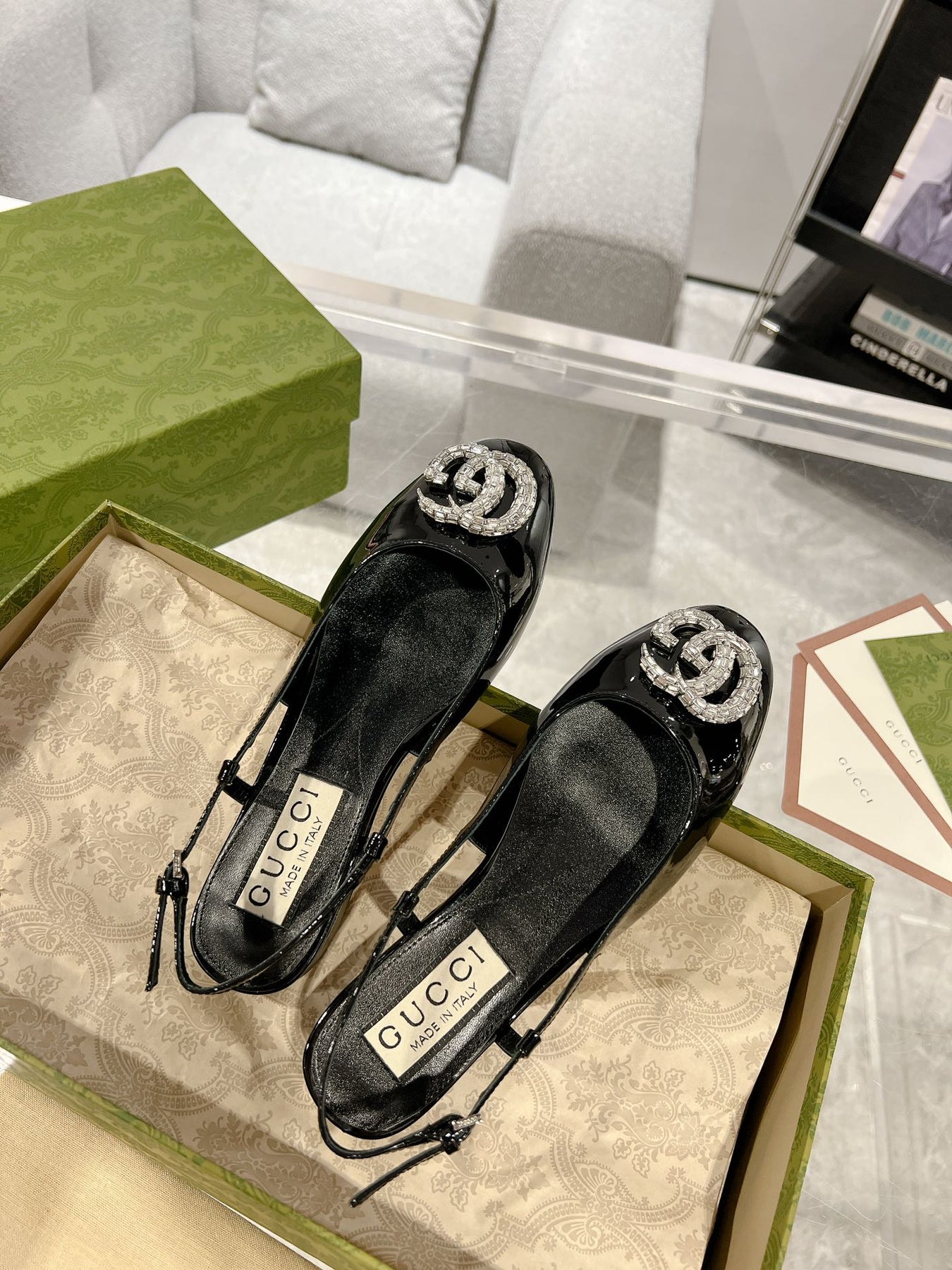 GG CRYSTALS SLINGBACK BALLET BLACK CALFSKIN