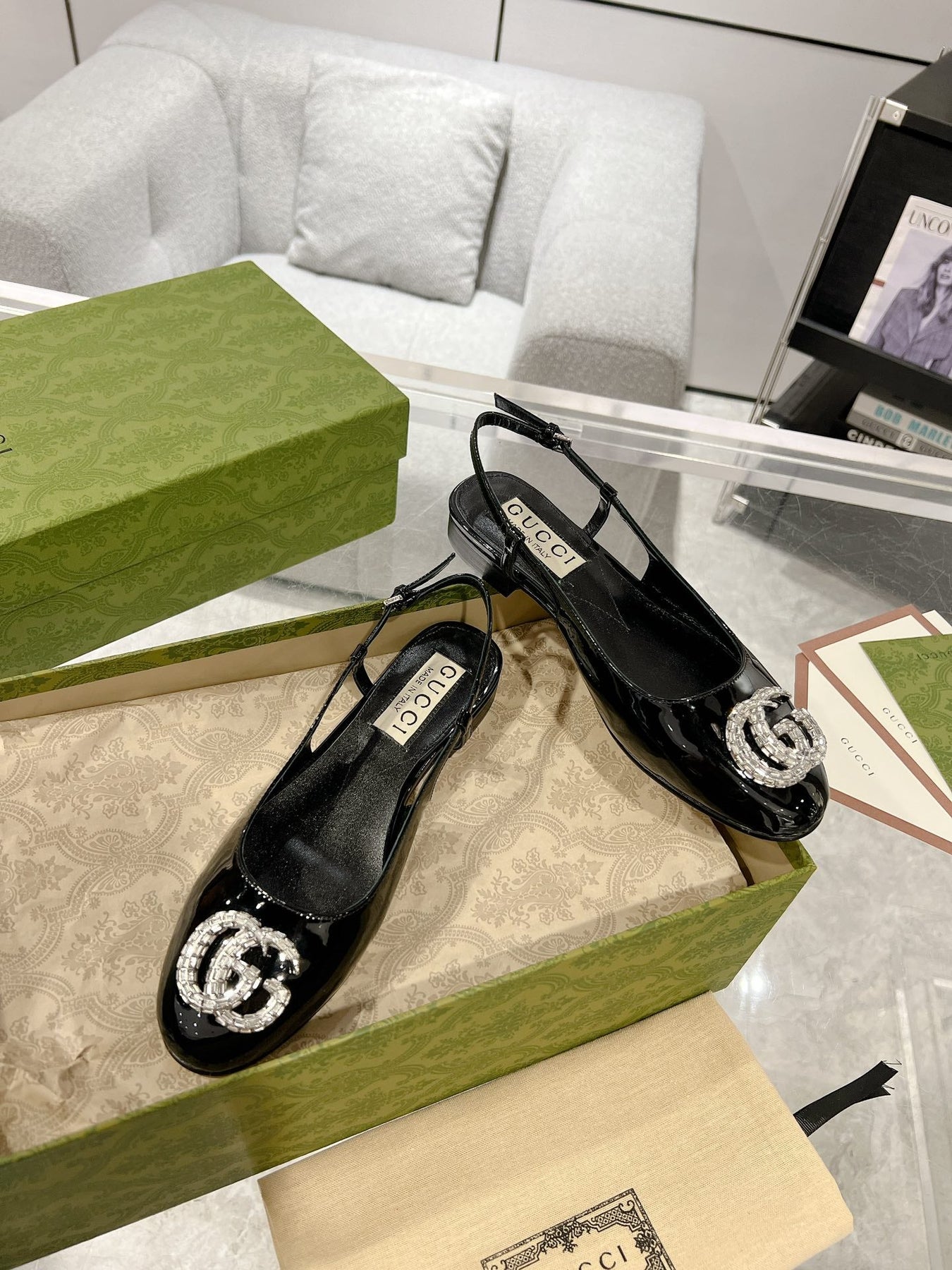 GG CRYSTALS SLINGBACK BALLET BLACK CALFSKIN