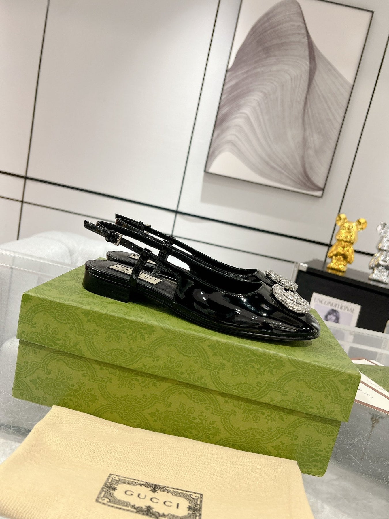 GG CRYSTALS SLINGBACK BALLET BLACK CALFSKIN