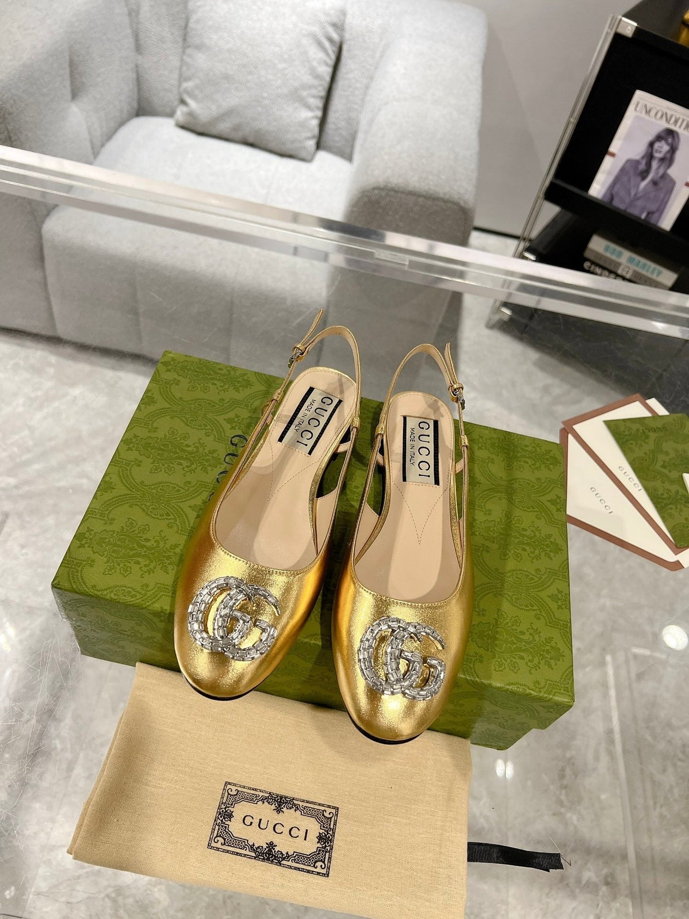 METALIC SLINGBACK FLATS IN GOLD CALFSKIN