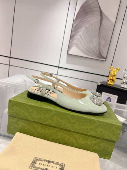 METALIC SLINGBACK FLATS IN PISTACHIO GREEN CALFSKIN