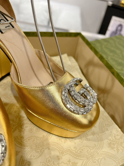 GG CRYSTALS PLATFORM PUMPS METALLIC GOLD CALFSKIN