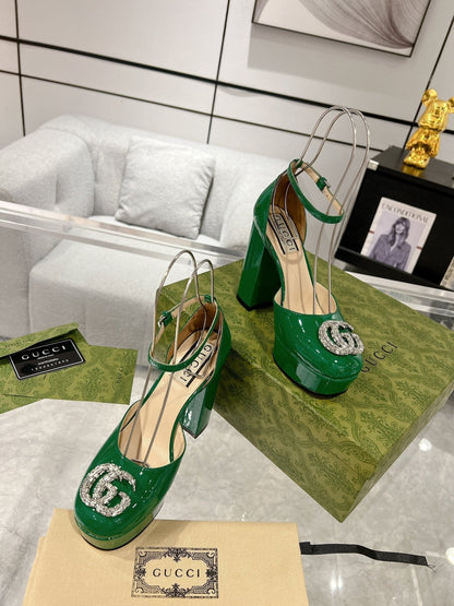 GG CRYSTALS PLATFORM PUMPS JADE GREEN CALFSKIN